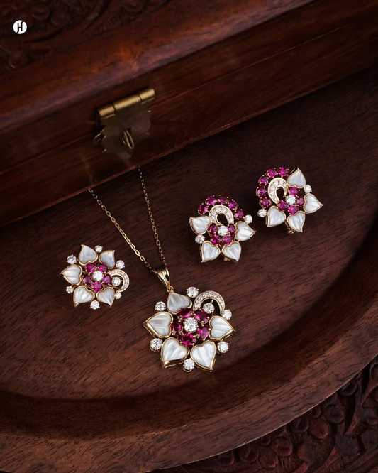 18K yellow gold Italian floral set in mother-of-pearl, ruby and moissanite with matching earrings and ring — JH Jewellers, UAE