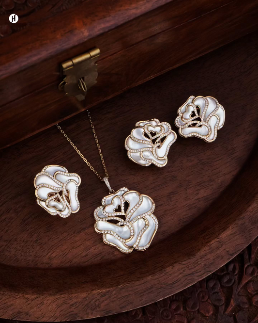 18K yellow gold Italian rose pendant set in mother-of-pearl and moissanite with matching earrings and ring — JH Jewellers, UAE