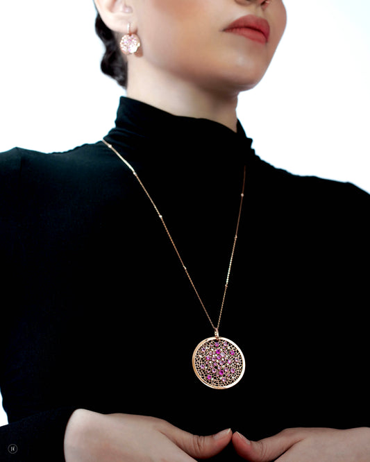 18Karat Rose Gold Italian Pink Sapphire Blossom Mosaic Necklace for Arab Women | Luxury gold Italian cocktail jewellery | Italian Gold Necklace Price