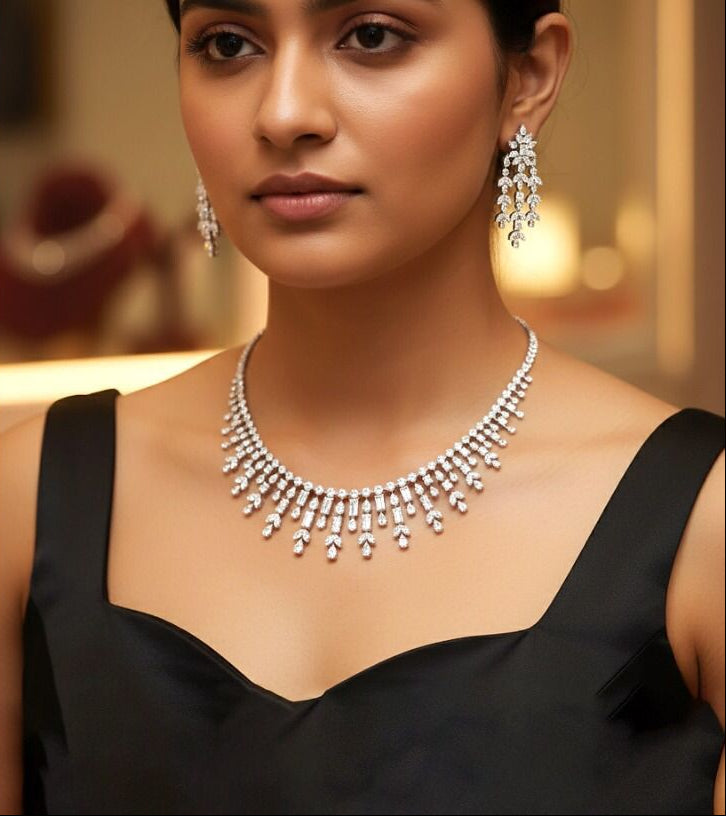 18Karat White Gold Diamond Leaf-drop Princess Necklace Set | Bridal Diamond Jewellery Set.