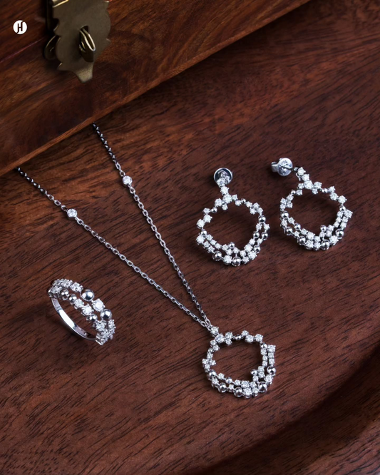 18Karat White Gold Italian Moissanite Halo Necklace Set | Party wear Jewellery for Women