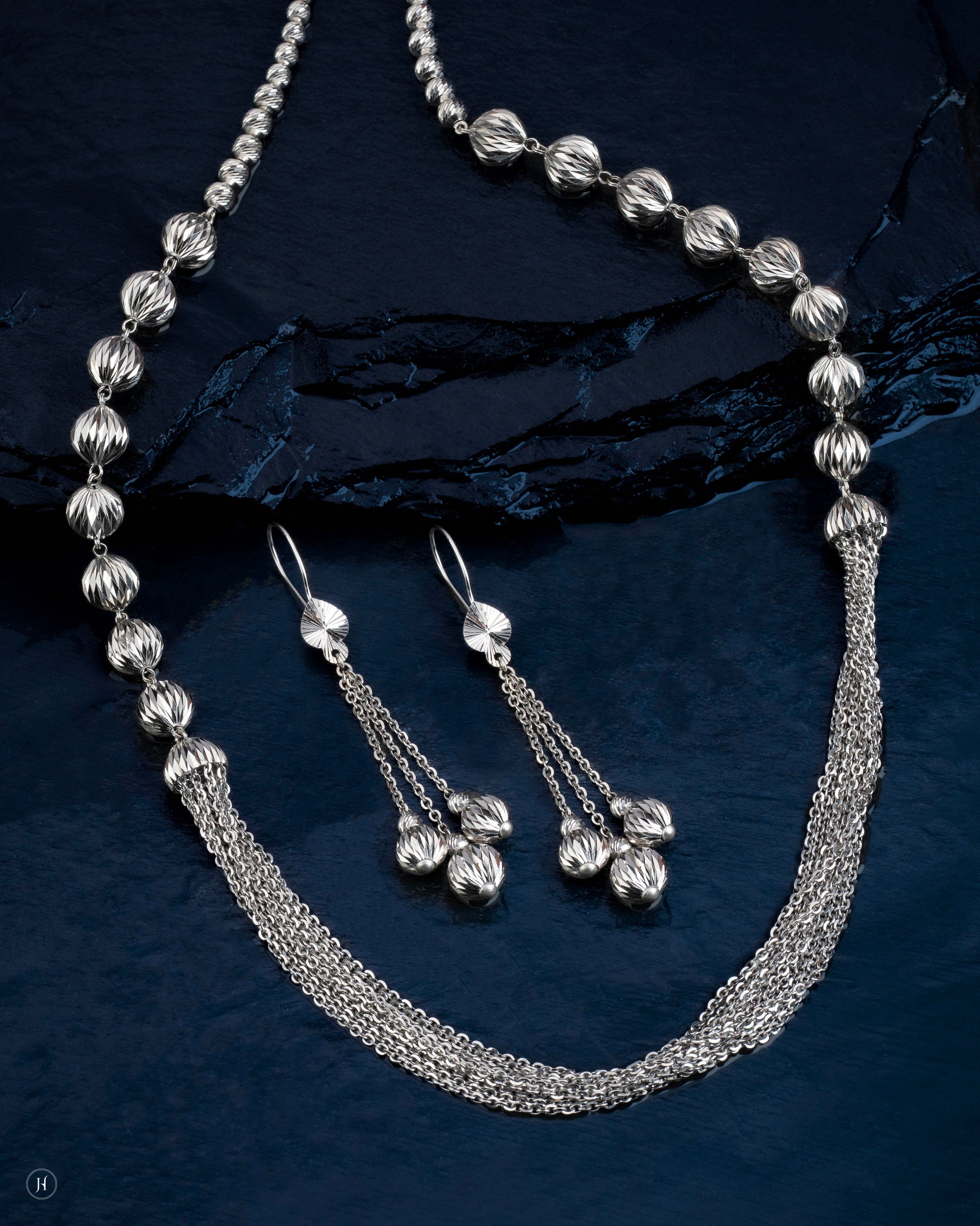 18Karat White Gold Italian Multi-Chain Beaded Necklace Set | Party Wear Jewellery for Women - J.H Jewellers