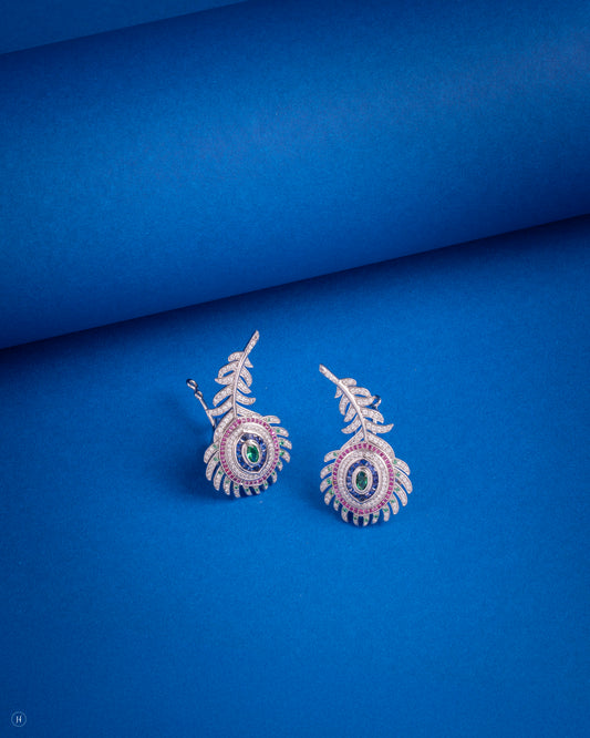 18Karat White Gold Italian Peacock Feather Design Earrings with Gemstones | luxury cocktail necklace  gift for Ladies in Dubai