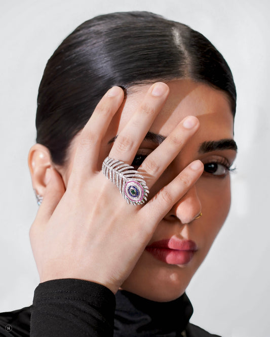 18Karat White Gold Italian Peacock Feather Design Ring with Gemstones | luxury cocktail necklace  gift for Ladies in Dubai & Sharjah | Online Jewellery Store in UAE