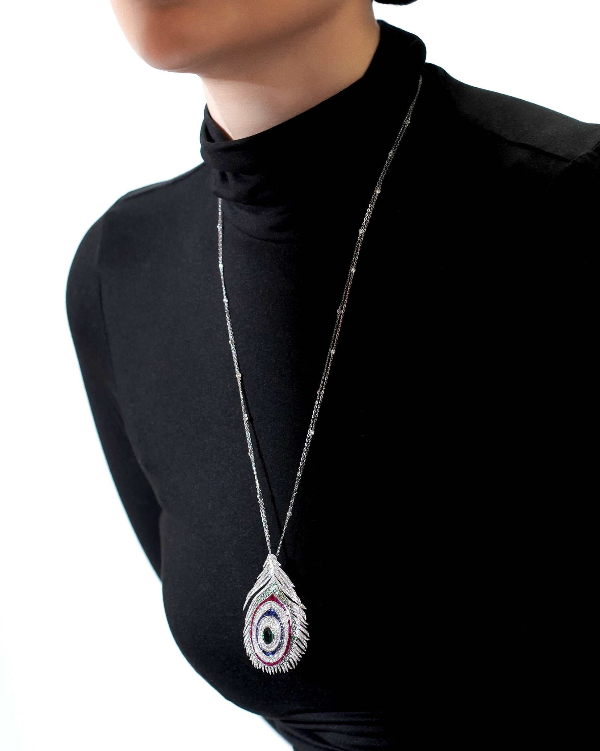 18Karat White Gold Italian Peacock Feather Design Neckalce set with Gemstones | luxury cocktail necklace  gift for Ladies in Dubai