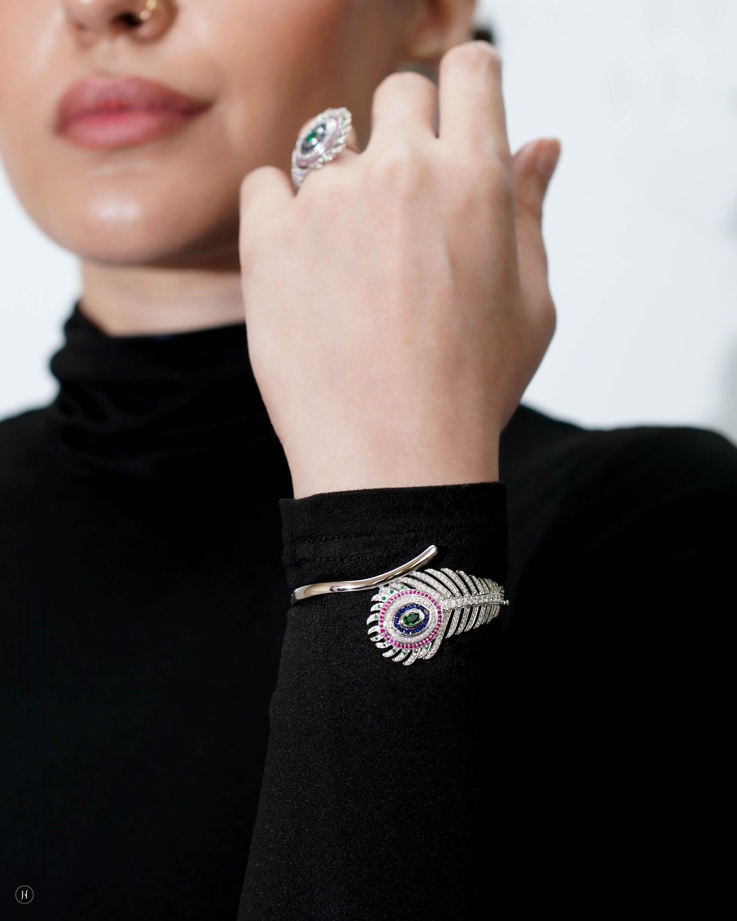 18Karat White Gold Italian Peacock Feather Design Bracelet with Gemstones | luxury cocktail necklace  gift for Ladies in Dubai, UAE