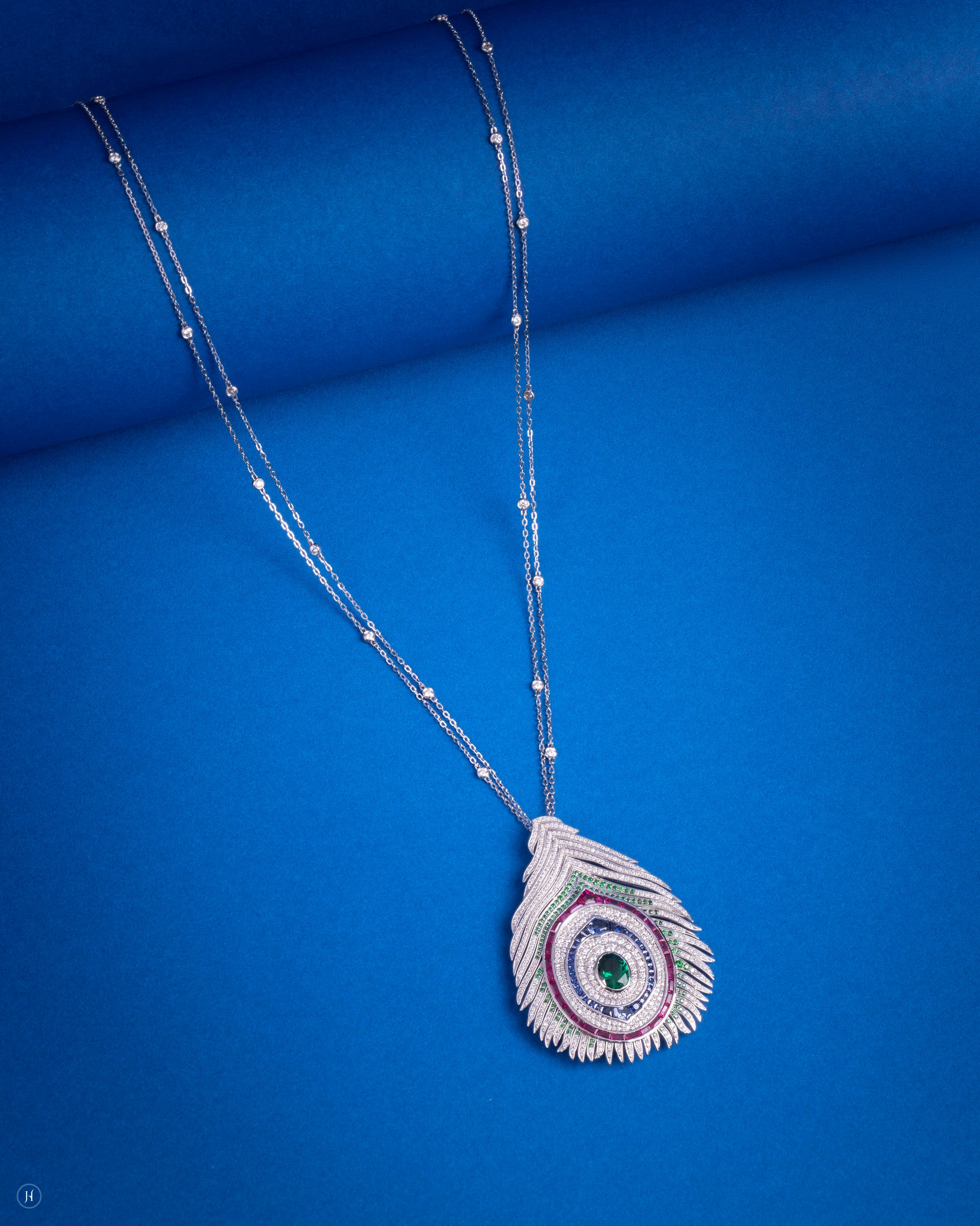 18Karat White Gold Italian Peacock Feather Design Necklace set with Gemstones | luxury cocktail necklace  gift for Ladies in Dubai