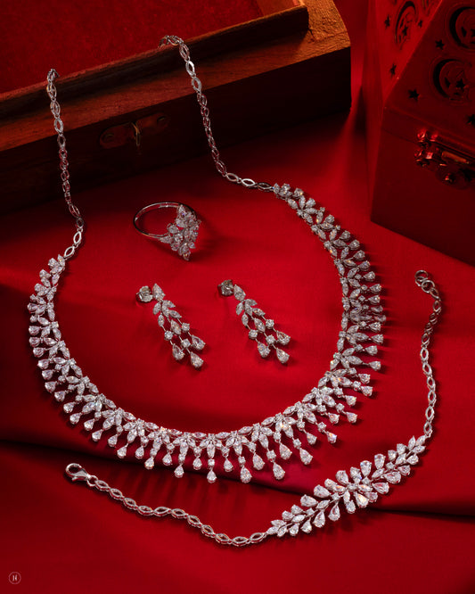 18Karat White Gold Italian Pear & Marquise Zircon Layered Bridal Necklace Set for Khaleeji Women