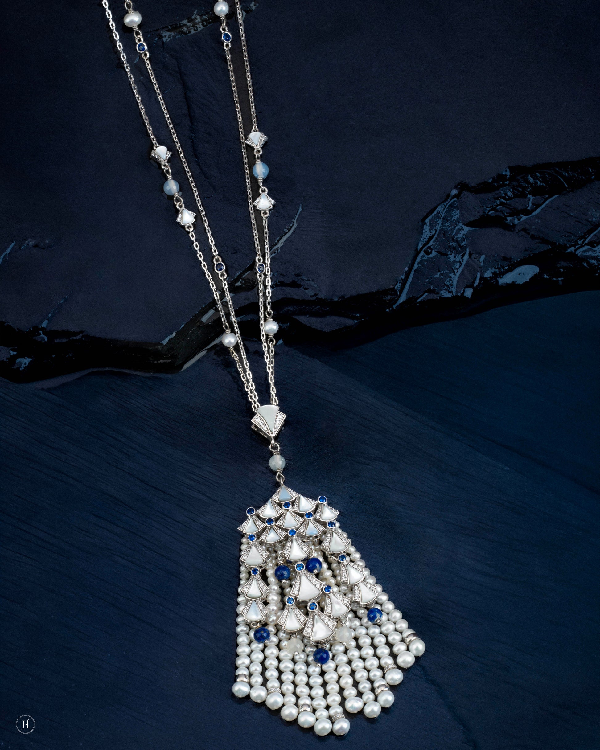 18Karat White Gold Italian Waterfall Pearl Tassel Necklace | Online Jewellery Store in UAE - J.H Jewellers.