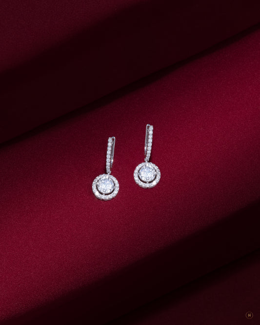 18Karat White Gold Lab Grown Round Halo Drop 2.10 Crt Diamond Earrings for ladies in Dubai