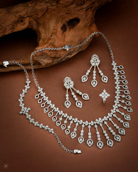 18Karat White Gold Petal Motifs Diamond Necklace Set | Bridal Diamond Necklace