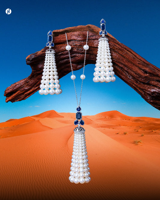 18Karat White Gold Waterfall Blue Sapphire Diamond Necklace with Pearls - J.H Jewellers