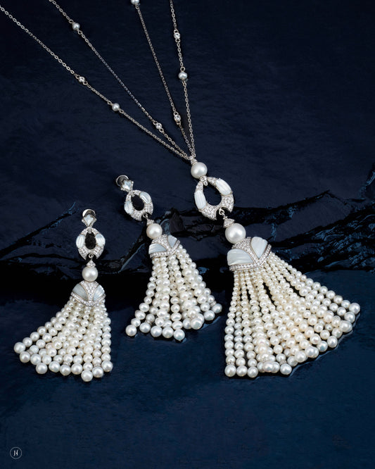 18Karat White Gold Waterfall Pearl Tassel Necklace Set for Khaleeji Women - J.H Jewellers