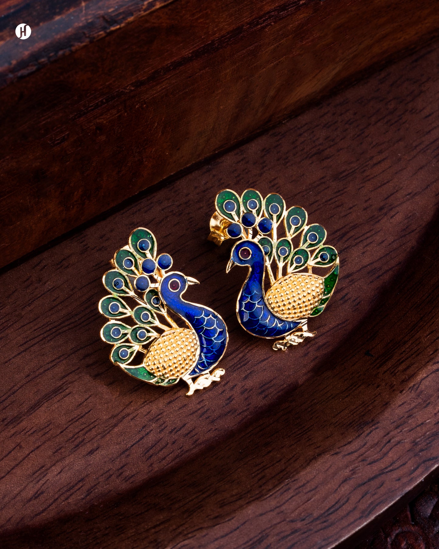 18Karat Yellow Gold Bahraini Enamel Peacock Design Earrings for Women in Dubai, UAE - J.H Jewellers.
