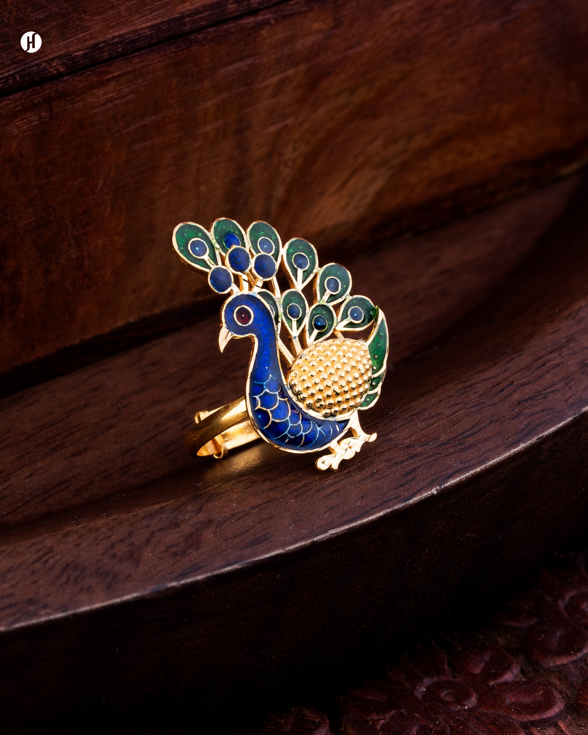 18Karat Yellow Gold Bahraini Enamel Peacock Design Adjustable Ring for Women in Dubai, UAE - J.H Jewellers.