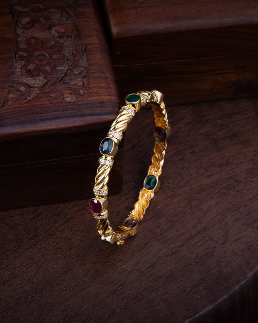 18Karat Yellow Gold Bahraini Twisted Rope Bangle with Gemstones | online jewellery store in UAE