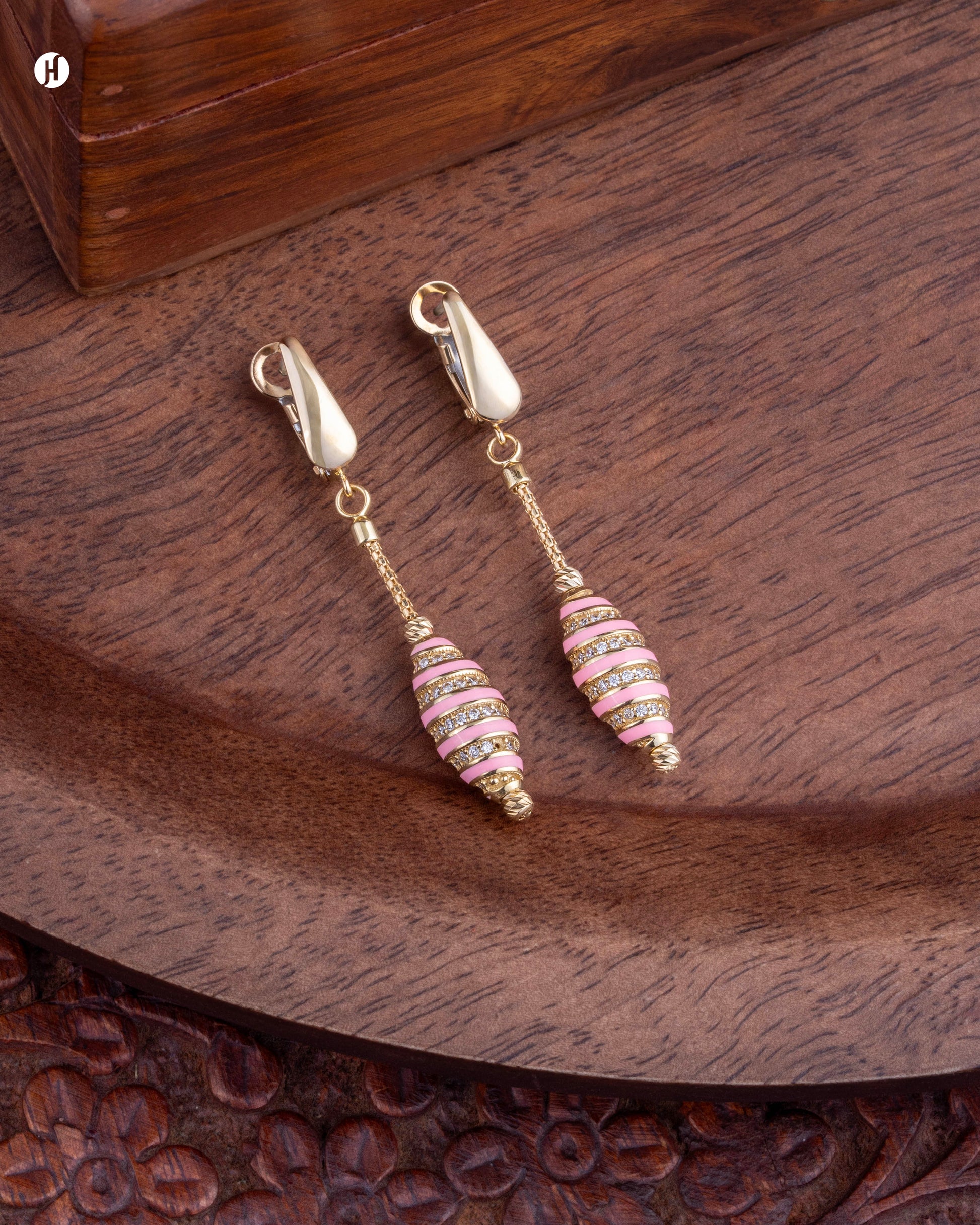 18Karat Yellow Gold Barrel-Pink Enamel Earrings Set | Italian earrings price in Dubai