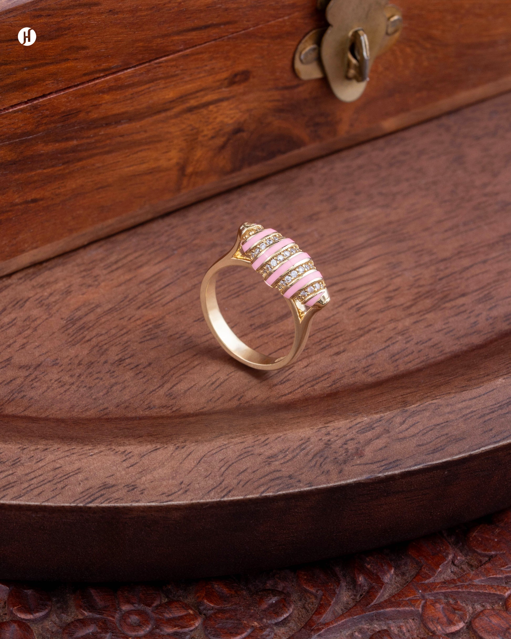 18Karat Yellow Gold Barrel-Pink Enamel Ring | Italian Ring price in Sharjah