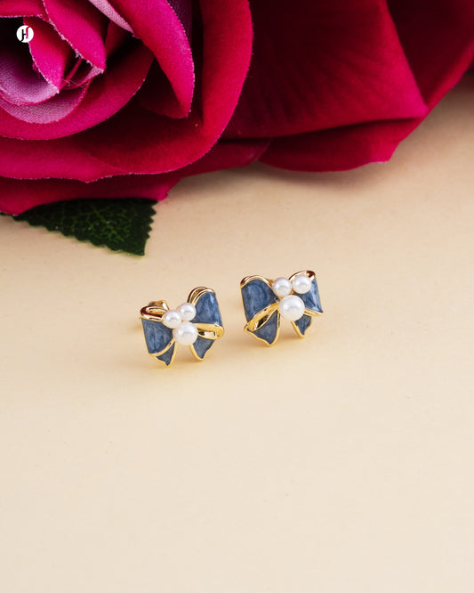18Karat Yellow Gold Italian Blue Bow Earrings with Freshwater Pearls | online jewellery store in UAE