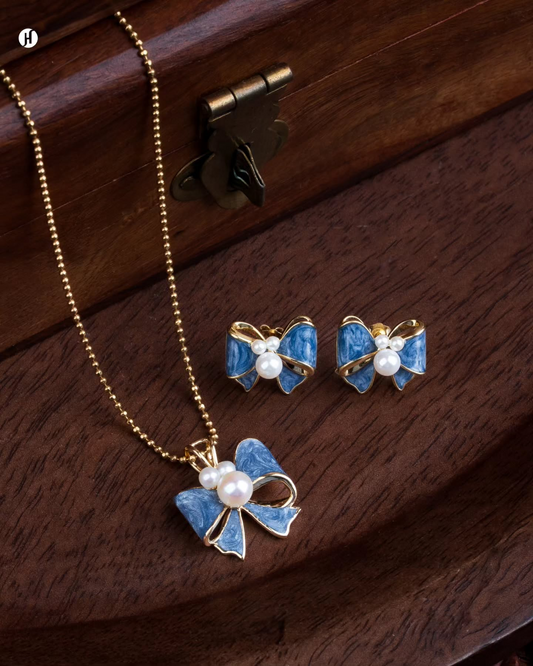 18Karat Yellow Gold Italian Blue Enamel Bow Pendant Necklace Set | Online Jewellery store for Khaleeji Women in UAE - J.H Jewellers
