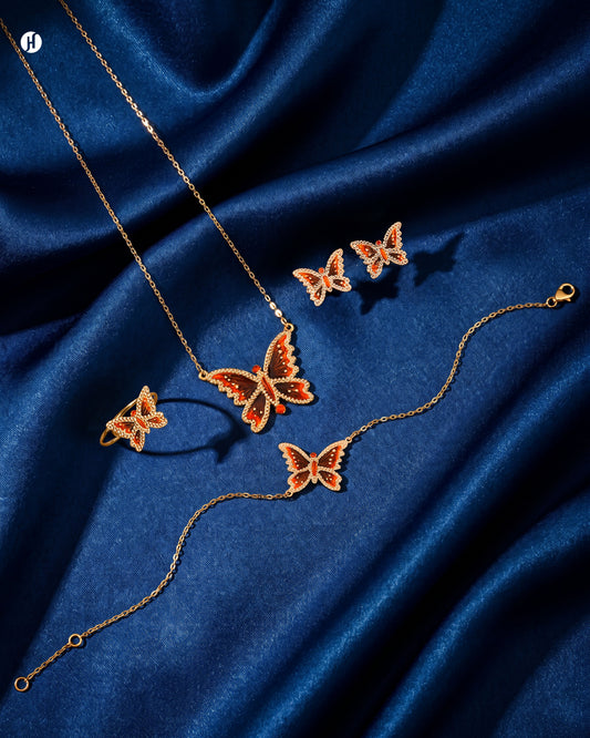 18Karat Yellow Gold Italian Dark Red Enamel Butterfly Necklace Set for Girls in Dubai and Sharjah, UAE