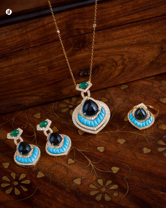 18Karat Yellow Gold Italian Drop Shaped Blue Lapis Pendant Set for women in Dubai | party wear jewellery