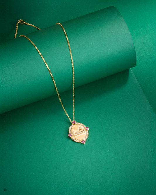 18Karat Yellow Gold Italian Ruby Accent Arabic Name Pendant Necklace for ladies in Dubai, UAE