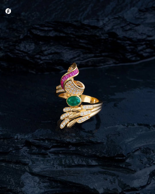 18Karat Yellow Gold Multi-Stone Peacock Diamond Ring | Party Wear Luxury Jewellery for Her.