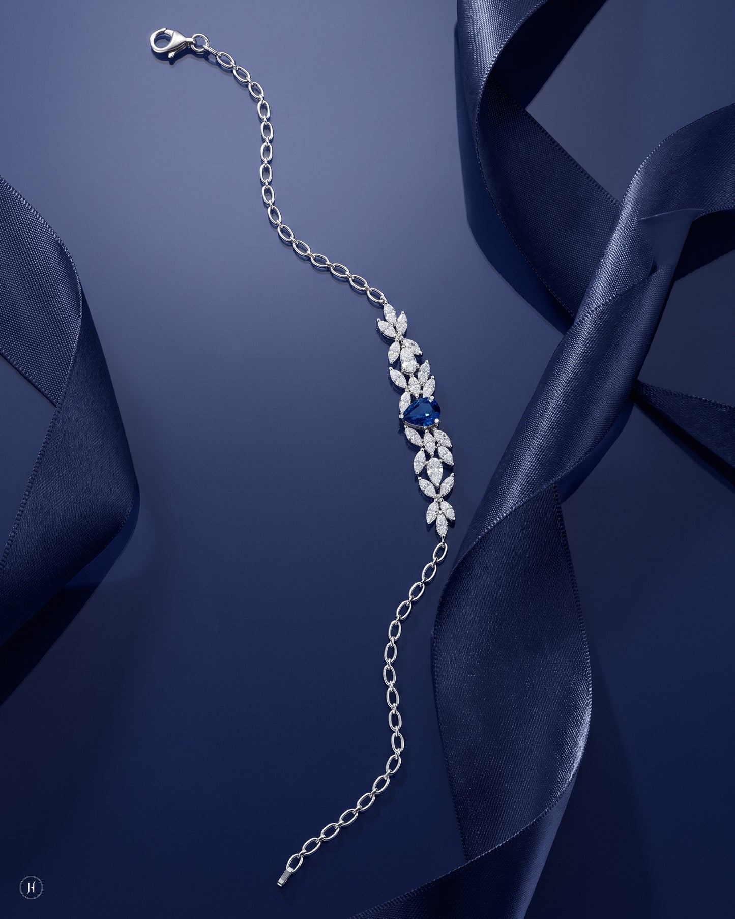 18K white gold blue sapphire and zircon leaf bracelet matching the necklace set, wedding and party wear, J.H. by Priyansh Jewellery, Dubai, UAE.