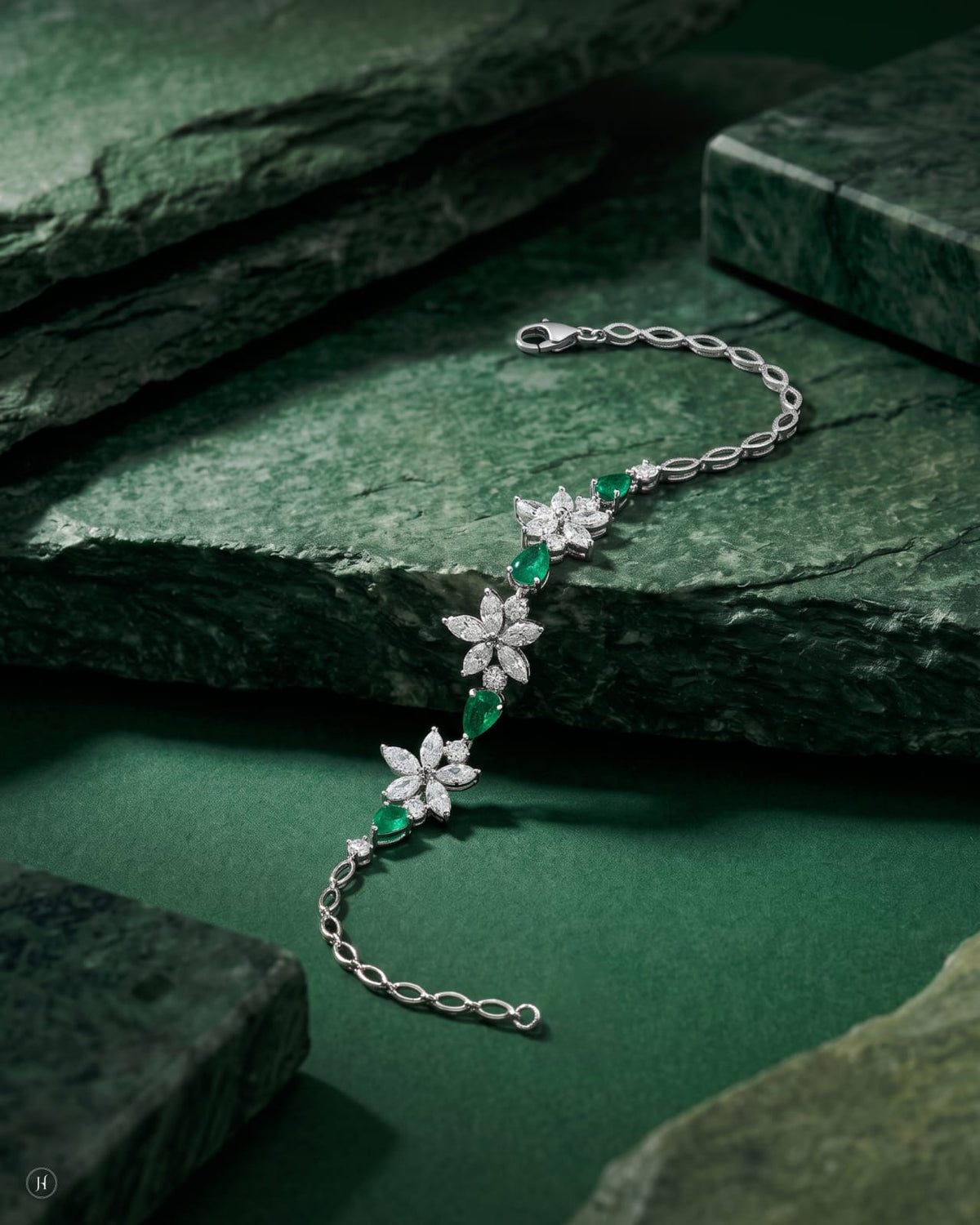 18K white gold emerald and zircon marquise flower bracelet matching the necklace set, wedding and party wear, J.H. by Priyansh Jewellery, Dubai, UAE.