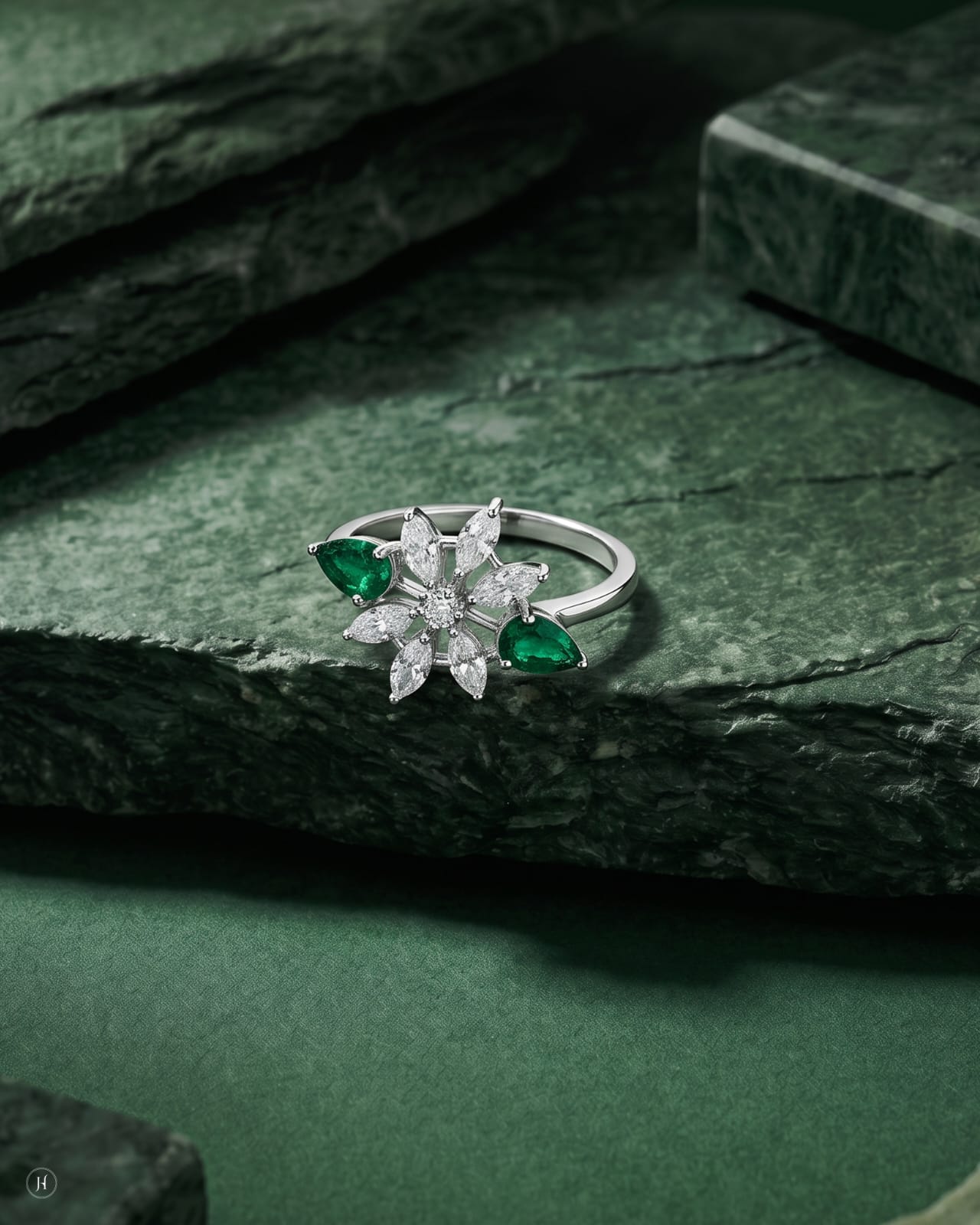 18K white gold emerald and zircon marquise flower ring matching the necklace set, wedding and party wear, J.H. by Priyansh Jewellery, Dubai, UAE.