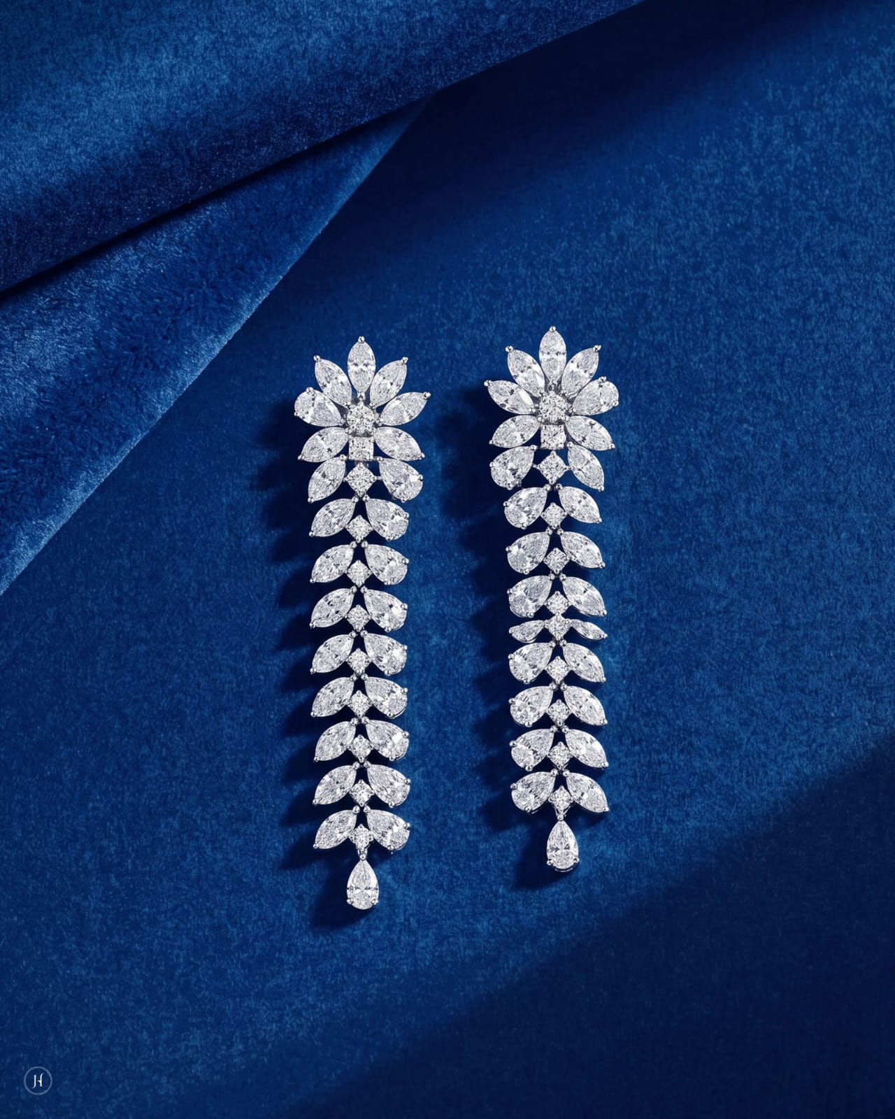 18K white gold lab grown diamond floral cascade drop earrings, pear and marquise DEF VVS diamonds for weddings and party wear, J.H. by Priyansh Jewellery, Dubai, UAE.