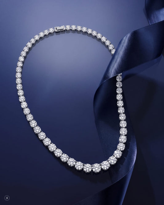 18K white gold lab grown diamond graduated round tennis Riviera necklace, DEF VVS diamonds for weddings and special occasions, J.H. by Priyansh Jewellery, Dubai, UAE.