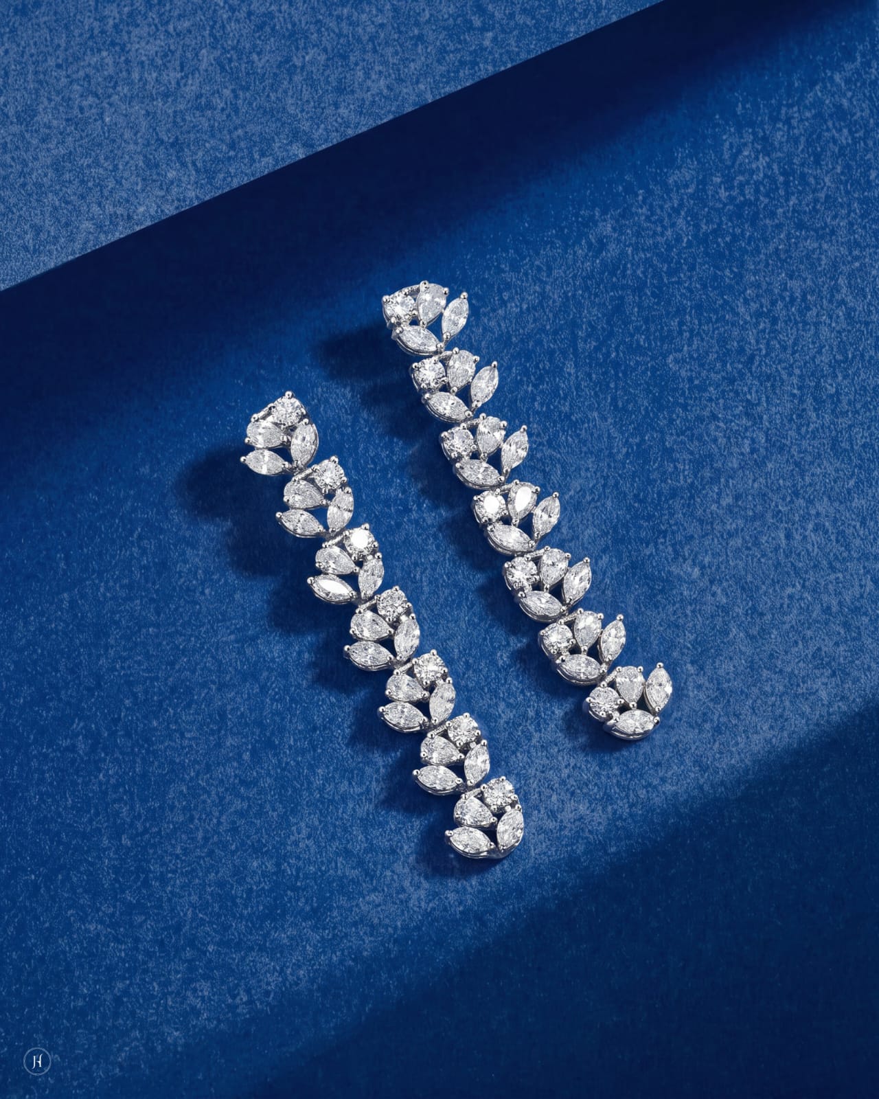18K white gold lab grown diamond leaf vine climber earrings, DEF VVS diamonds for weddings and party wear, J.H. by Priyansh Jewellery, Dubai, UAE.