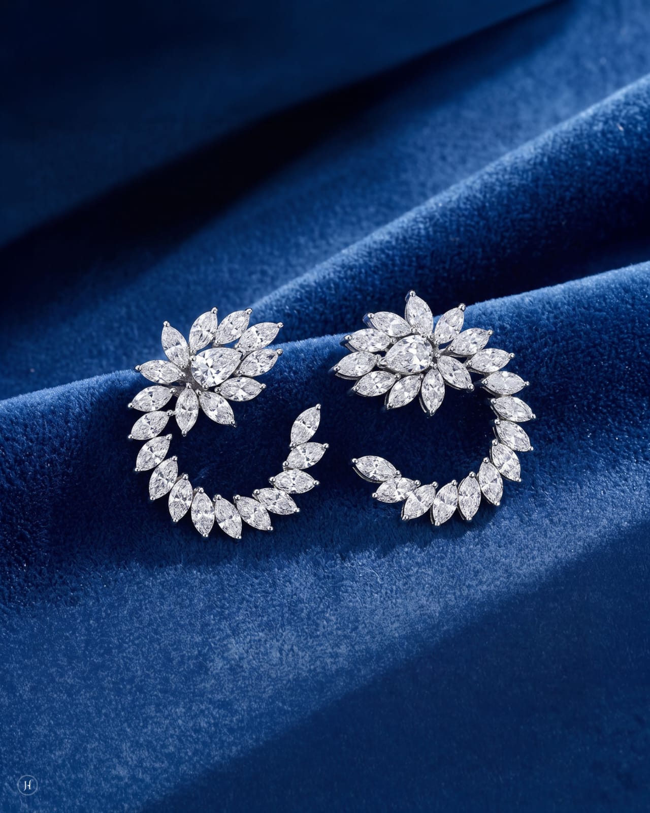 18K white gold lab grown diamond marquise swirl earrings, DEF VVS diamonds for weddings and party wear, J.H. by Priyansh Jewellery, Dubai, UAE.