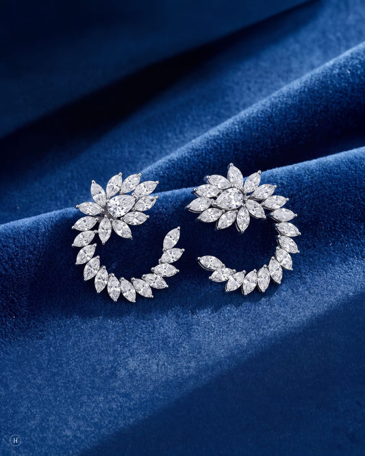 18K white gold lab grown diamond marquise swirl earrings, DEF VVS diamonds for weddings and party wear, J.H. by Priyansh Jewellery, Dubai, UAE.