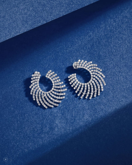 18K white gold lab grown diamond pavé spiral fan earrings, DEF VVS diamonds for weddings and party wear, J.H. by Priyansh Jewellery, Dubai, UAE.