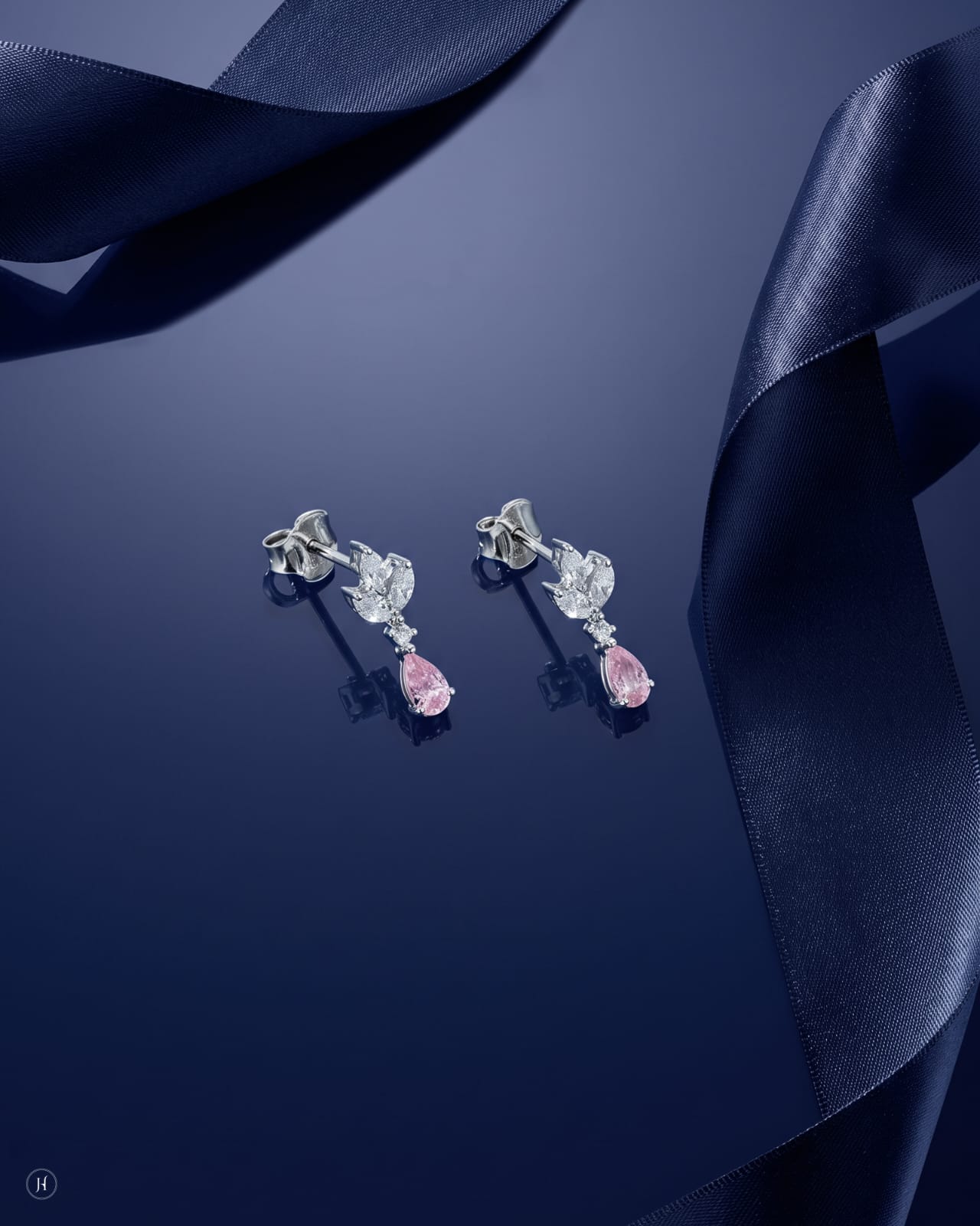 18K white gold pink zircon drop earrings matching the teardrop pendant set, everyday and party wear, J.H. by Priyansh Jewellery, Dubai, UAE.