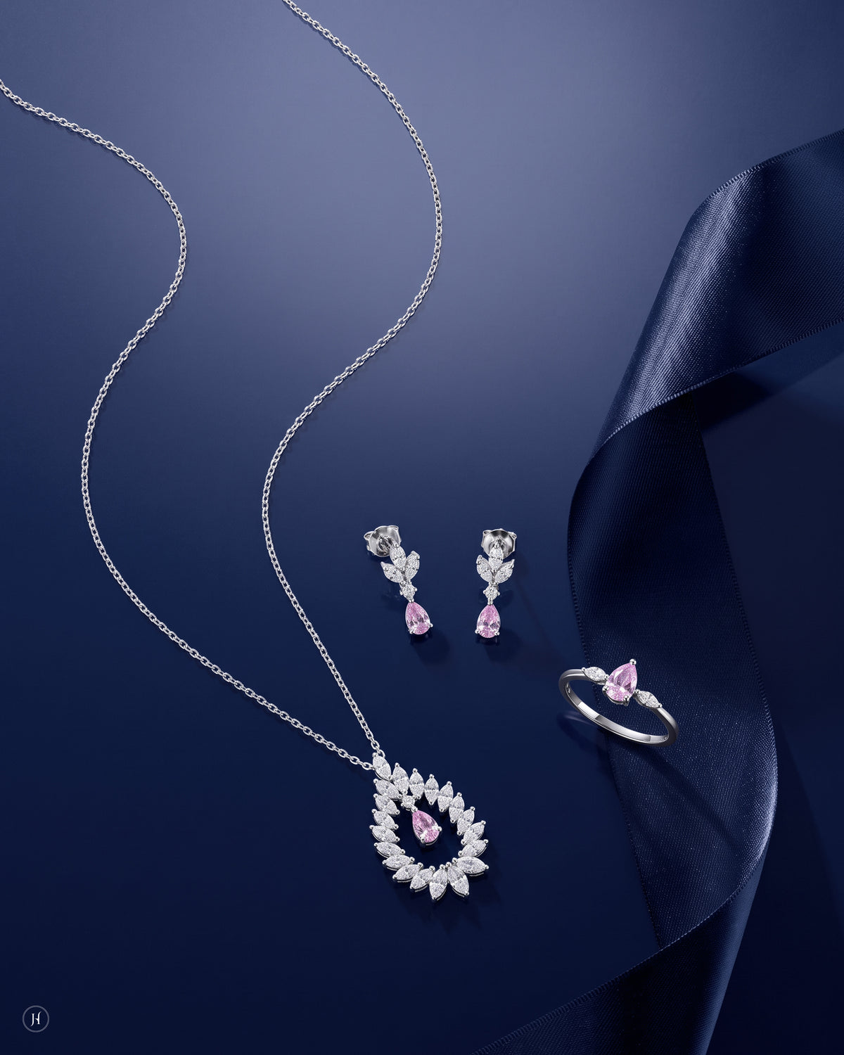18K white gold pink and white zircon teardrop pendant set with matching earrings and ring, pink zircon everyday and party wear, J.H. by Priyansh Jewellery, Dubai, UAE.