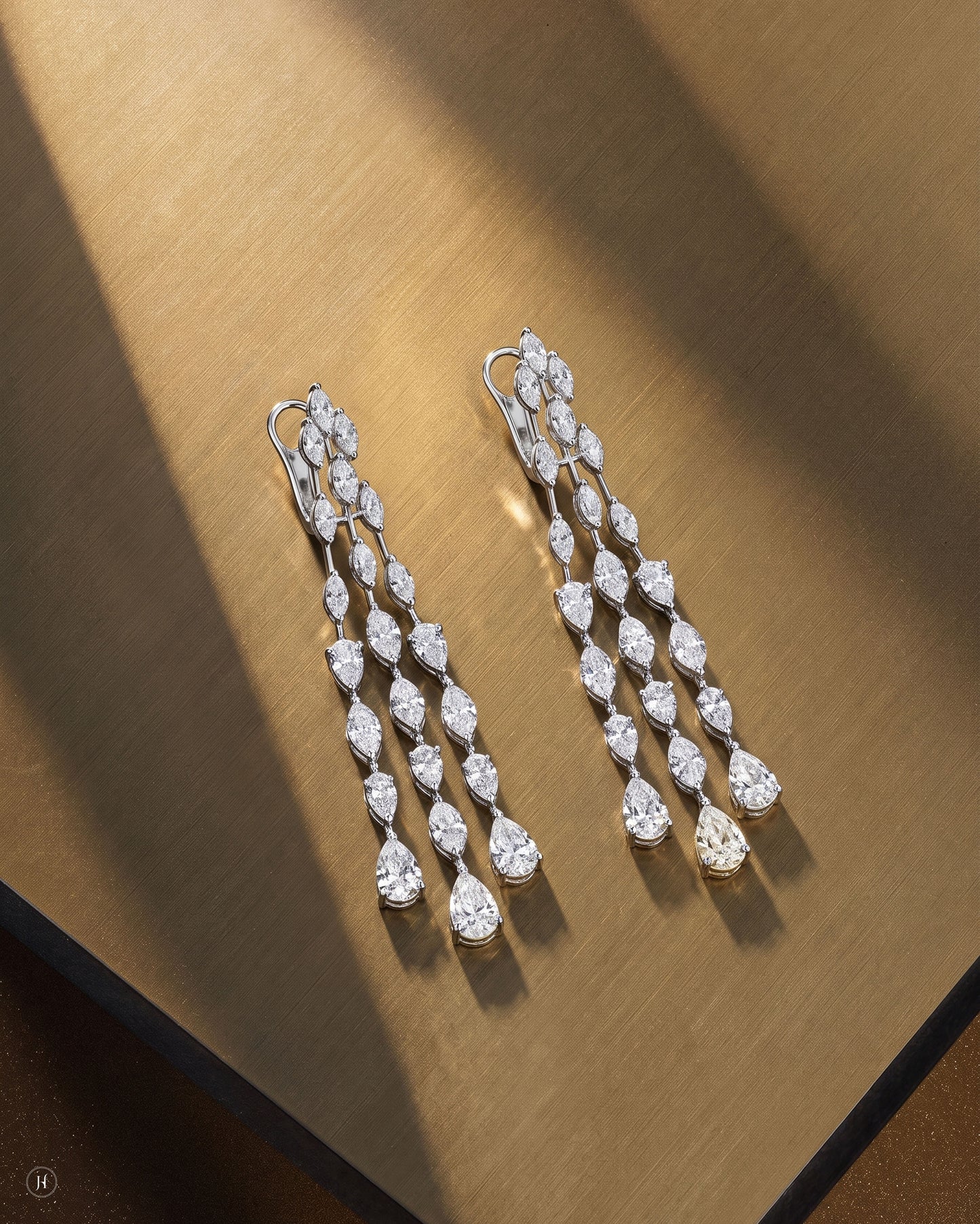18K white gold zircon cascade drop earrings with white and yellow zircon, matching the necklace set, wedding and party wear, J.H. by Priyansh Jewellery, Dubai, UAE.