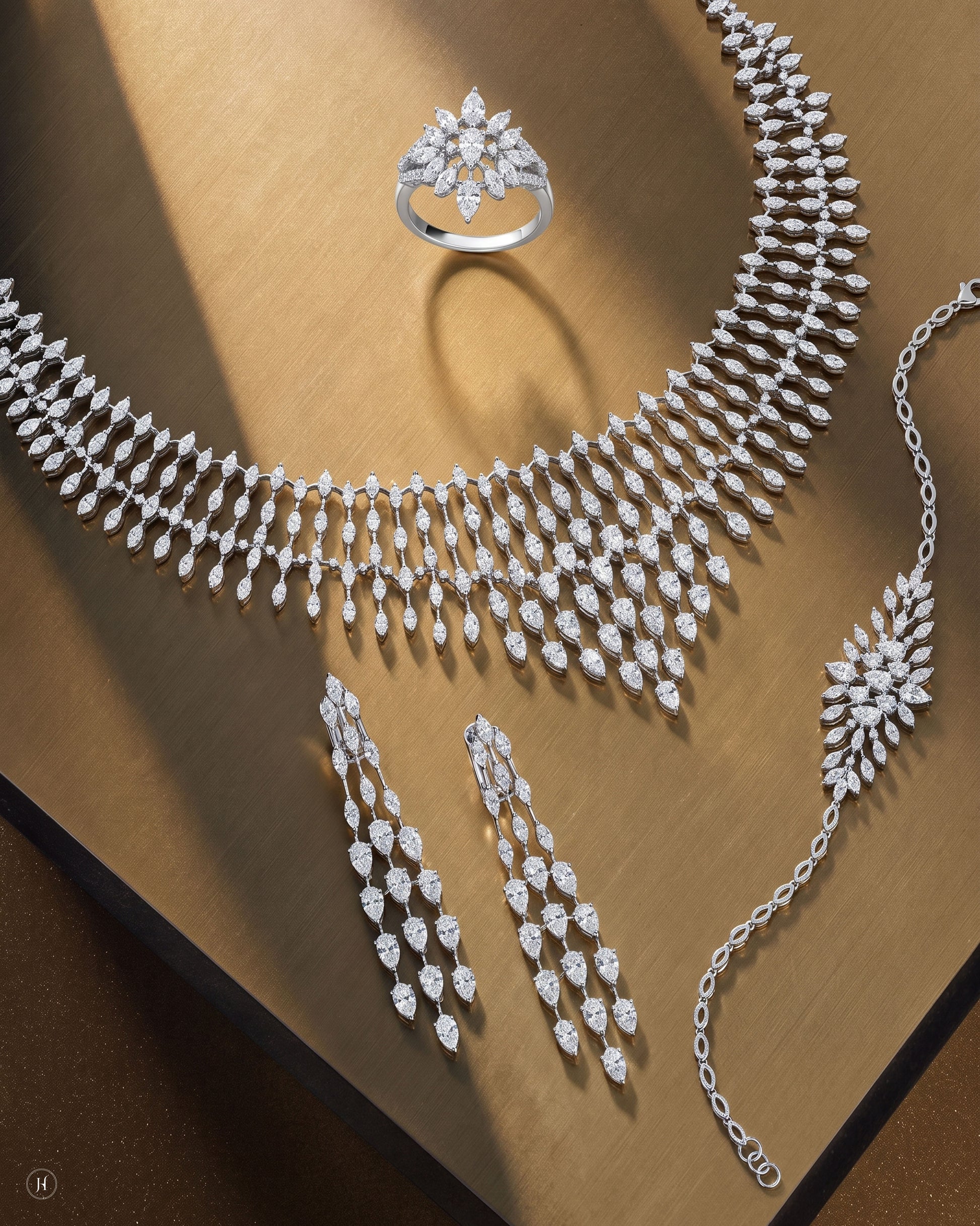 18K white gold Italian zircon floral cluster necklace set with matching earrings, bracelet and ring, white and yellow zircon wedding and party wear, J.H. by Priyansh Jewellery, Dubai, UAE.