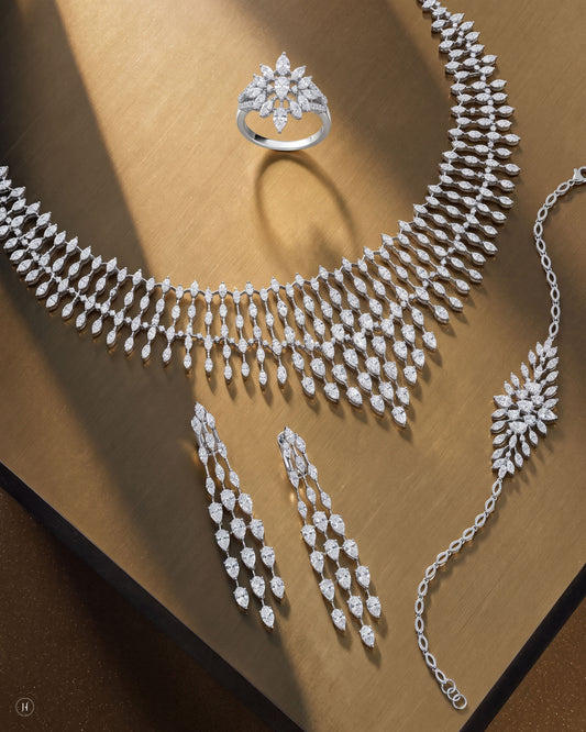 18K white gold Italian zircon floral cluster necklace set with matching earrings, bracelet and ring, white and yellow zircon wedding and party wear, J.H. by Priyansh Jewellery, Dubai, UAE.