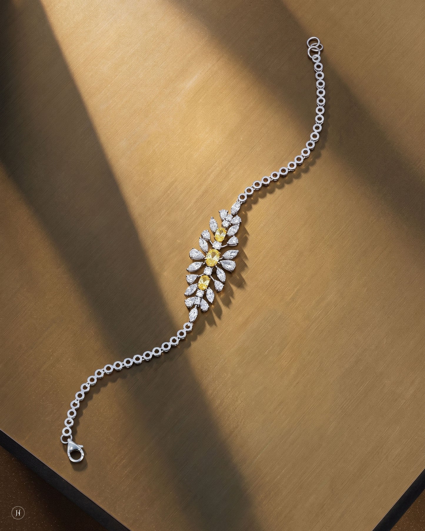 18K white gold zircon floral-cluster bracelet with white and yellow zircon, matching the necklace set, wedding and party wear, J.H. by Priyansh Jewellery, Dubai, UAE.