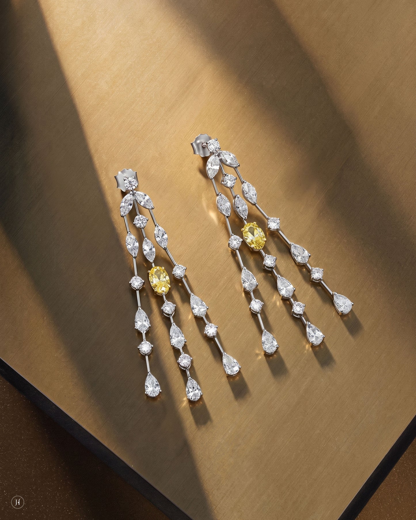 18K white gold zircon cascade drop earrings with white and yellow zircon, matching the necklace set, wedding and party wear, J.H. by Priyansh Jewellery, Dubai, UAE.