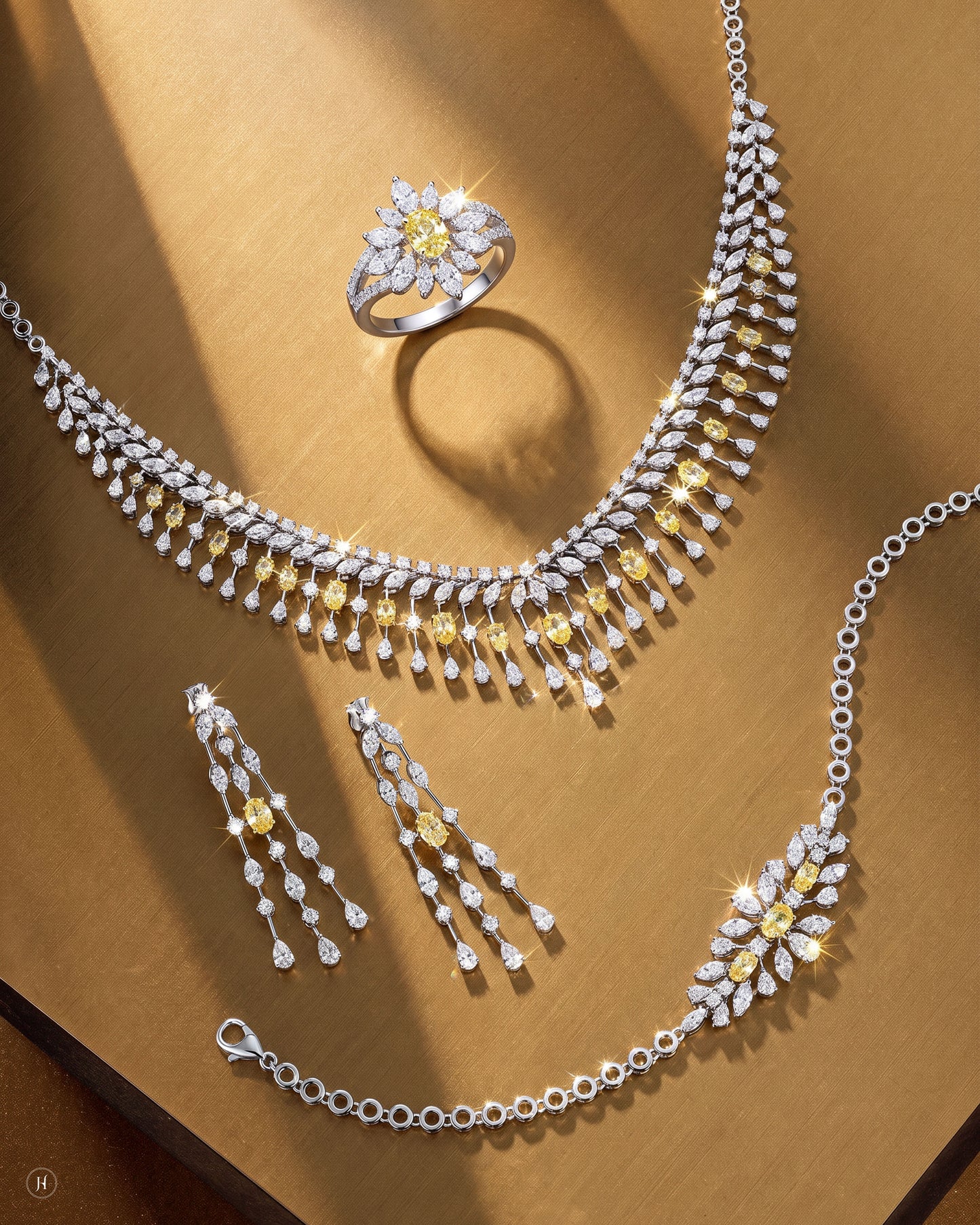 18K white gold Italian zircon floral fringe necklace set with matching earrings, bracelet and ring, white and yellow zircon wedding and party wear, J.H. by Priyansh Jewellery, Dubai, UAE.