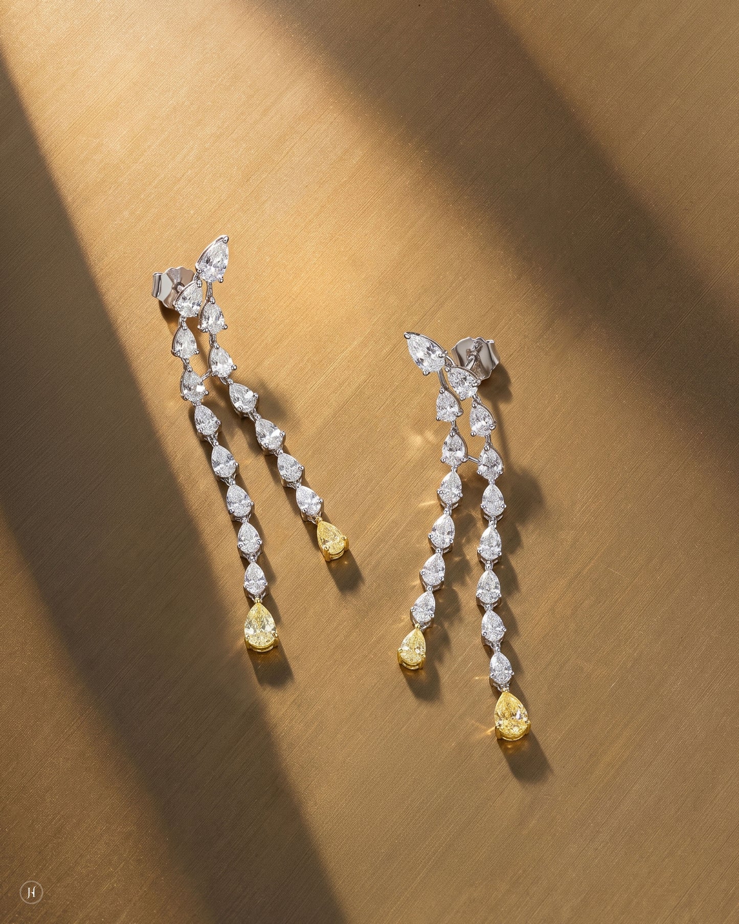 18K white gold zircon drop earrings with white and yellow zircon, matching the necklace set, wedding and party wear, J.H. by Priyansh Jewellery, Dubai, UAE.