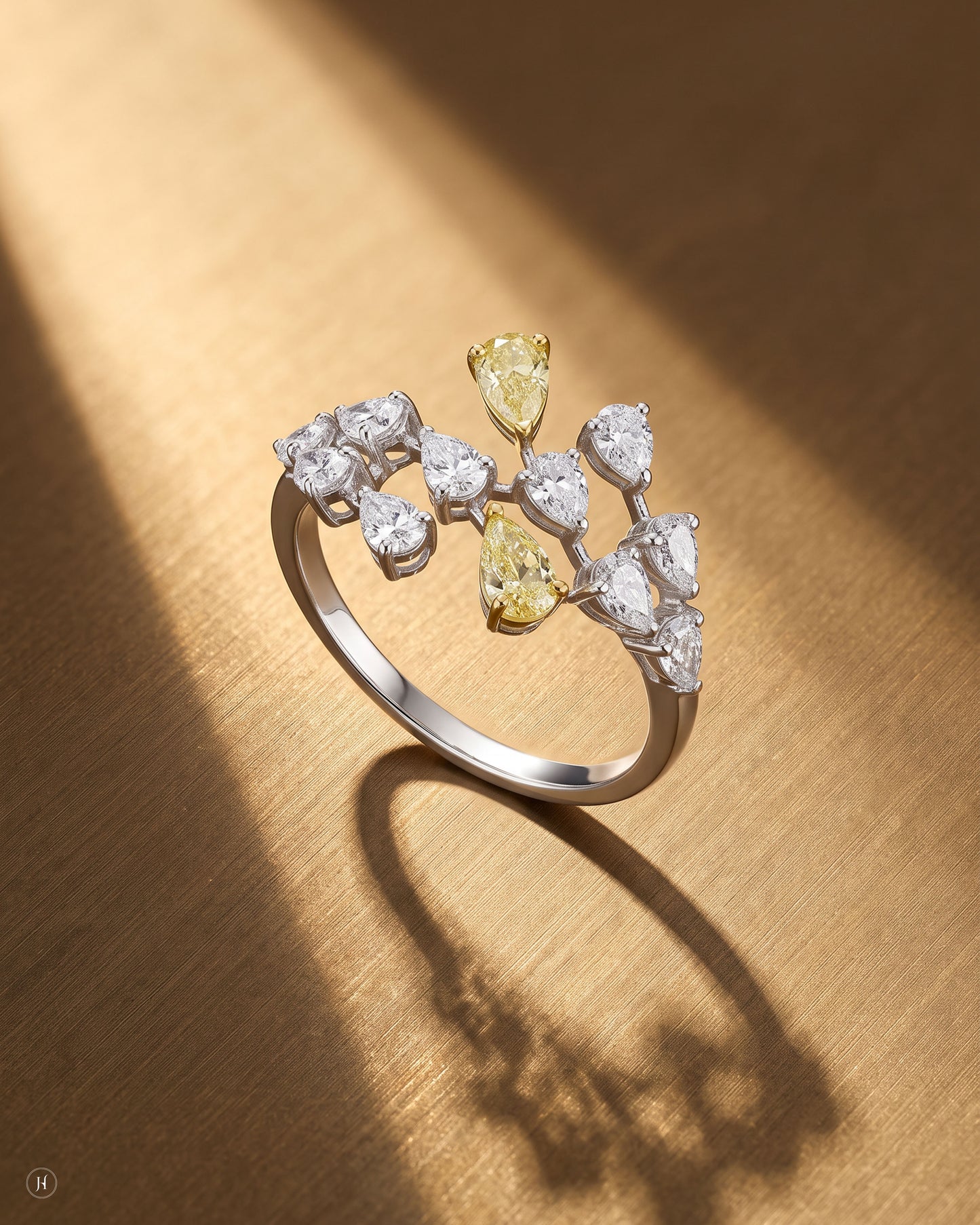 18K white gold zircon ring with white and yellow zircon, matching the necklace set, wedding and party wear, J.H. by Priyansh Jewellery, Dubai, UAE.