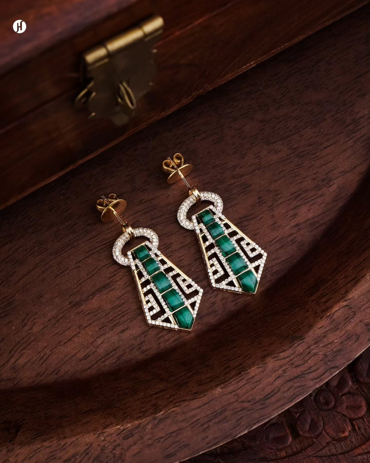 18K yellow gold Italian malachite art deco drop earrings matching the pendant set, green malachite and white moissanite party wear, J.H. by Priyansh Jewellery, Dubai, UAE.