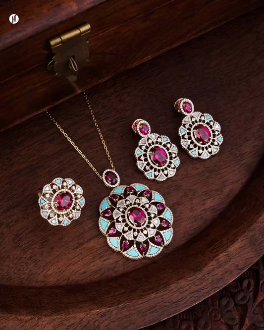 18K yellow gold Italian ruby, turquoise and moissanite mandala pendant set with chain, matching earrings and ring, loved by Emirati and Khaleeji women, J.H. by Priyansh Jewellery, Dubai, UAE.
