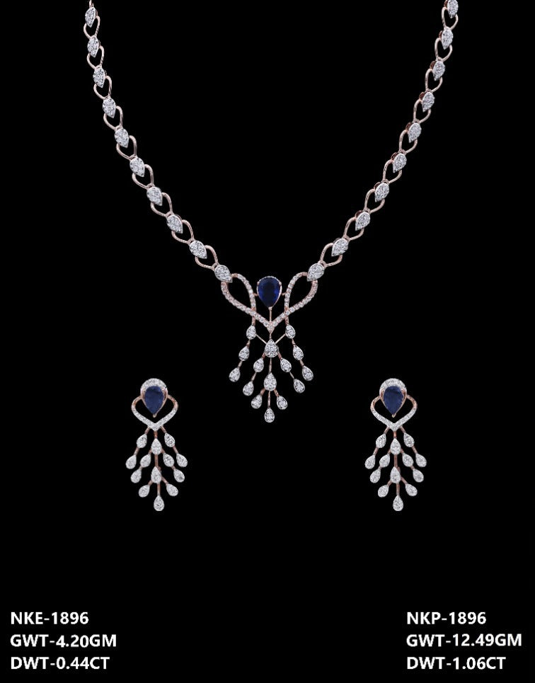 18K rose gold diamond and blue sapphire necklace and earring set — party wear bridal jewelry, ideal gift, Dubai UAE
